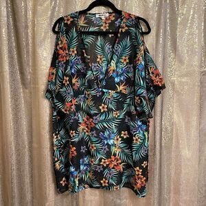 Miken Black Hawaiian Tropical Floral Sheer Swimsuit Cover Up, XL
